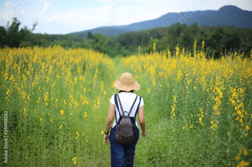 A woman standing in the crotalaria juncea field in Rayong, Thailand