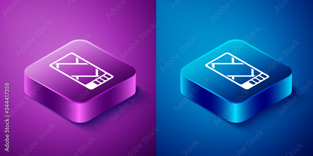 Isometric Gps device with map icon isolated on blue and purple background. Square button. Vector Illustration