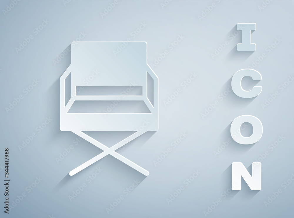 Paper cut Director movie chair icon isolated on grey background. Film industry. Paper art style. Vector Illustration