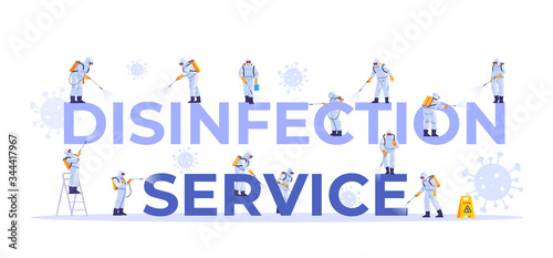 Disinfection service. Concept set of cleaning company staff different poses, for web page, banner, presentation, social media, documents, cards, posters. Coronavirus, pandemic. Vector illustration.