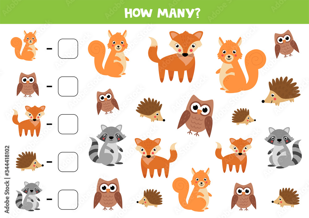 Counting game for kids. Cute woodland animals.