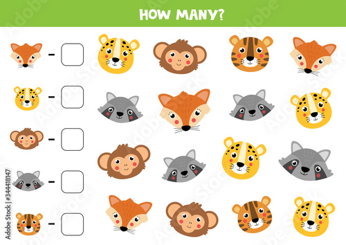 Counting game for kids. Cute animals face. Math worksheet.