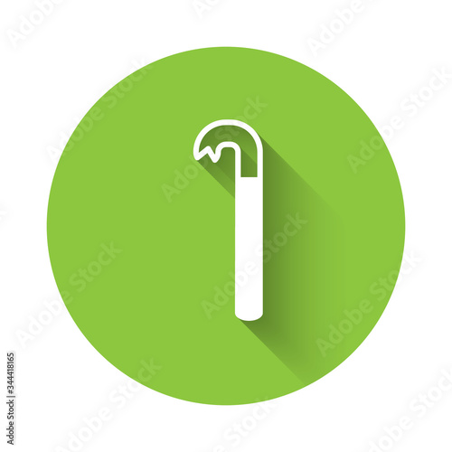 White Crowbar icon isolated with long shadow. Green circle button. Vector Illustration