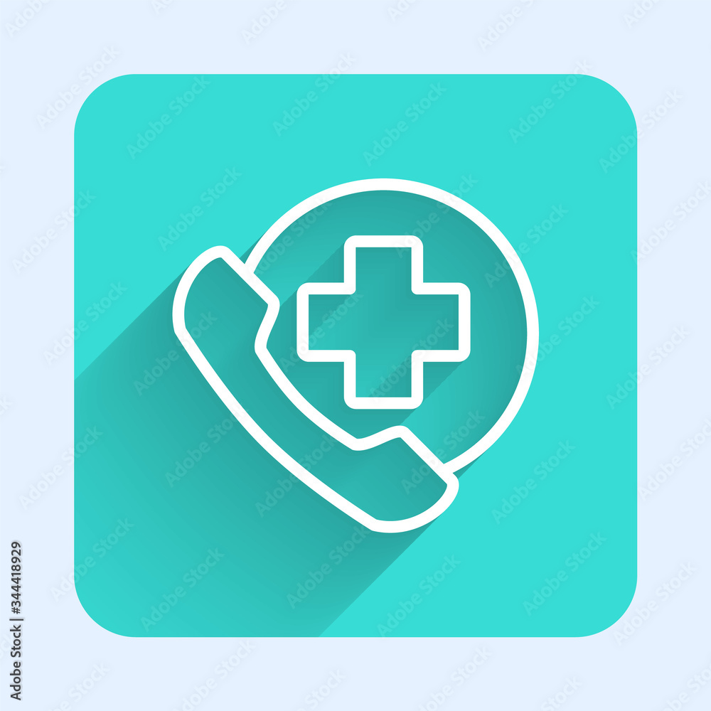 White line Emergency phone call to hospital icon isolated with long shadow. Green square button. Vector Illustration