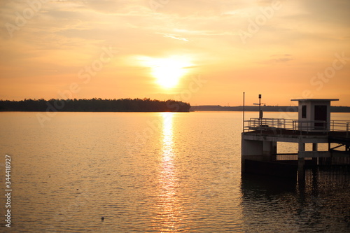 Dokkrai Reservoir and view sunset water reflection at rayong  thailand 