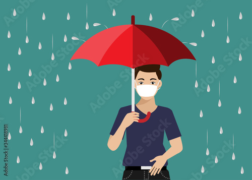 Young man in casual wearing surgical face mask holding umbrella in heavy raining day. Vector Illustration. Idea for COVID-19 prevention,protection and awareness.