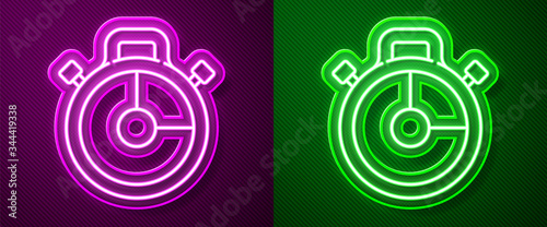 Glowing neon line Stopwatch icon isolated on purple and green background. Time timer sign. Chronometer sign. Vector Illustration