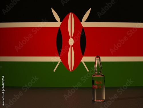 COVID 19 virus vaccine against the backdrop of the Kenya flag. Close-up.