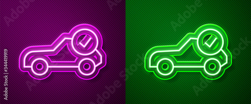 Glowing neon line Auto service check automotive icon isolated on purple and green background. Car service. Vector Illustration