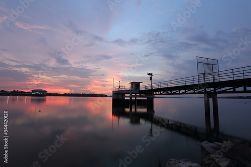 Dokkrai Reservoir and view sunset water reflection at rayong  thailand 