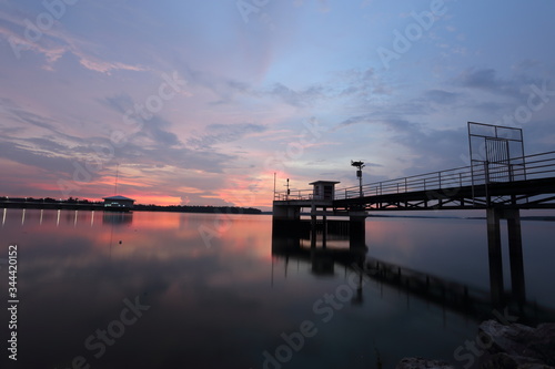 Dokkrai Reservoir and view sunset water reflection at rayong, thailand 