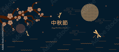Abstract cards, banner design with traditional Chinese circles patterns representing the full moon, Chinese text Happy Mid Autumn, gold on dark blue. Vector illustration