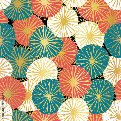 Gold foil flowers seamless abstract vector pattern. Bold florals metallic golden red blue white Scandinavian flat style repeating background. Botanical minimalistic doodle flowers line art style.
