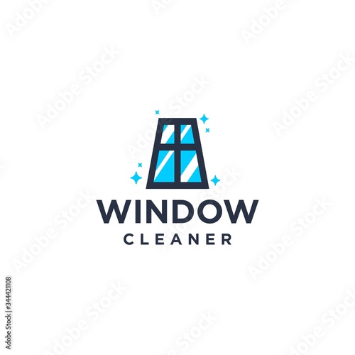 window cleaning service brand logo, house keeping service logo with clean window , sparkle exterior interior illustration