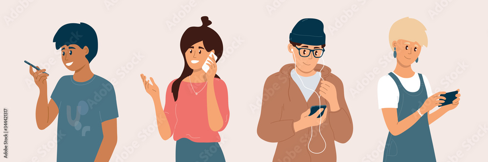 Group of young people using smartphones. Men and women chatting online, making video call, listening to music by earphones, talking, chek social media. Mobile internet technology vector illustration. Group of young people using smartphones. Men and women chatting online, making video call, listening to music by earphones, talking, chek social media. Mobile internet technology vector illustration.