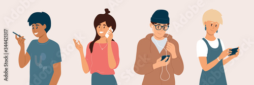 Group of young people using smartphones. Men and women chatting online, making video call, listening to music by earphones, talking, chek social media. Mobile internet technology vector illustration.