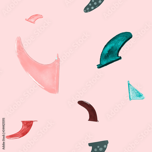 Hand drawn watercolour single fins in a seamless pattern