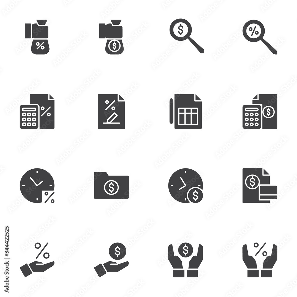 Banking vector icons set, modern solid symbol collection, business and finance filled style pictogram pack. Signs, logo illustration. Set includes icons as deadline payment, money savings, accounting Banking vector icons set, modern solid symbol collection, business and finance filled style pictogram pack. Signs, logo illustration. Set includes icons as deadline payment, money savings, accounting