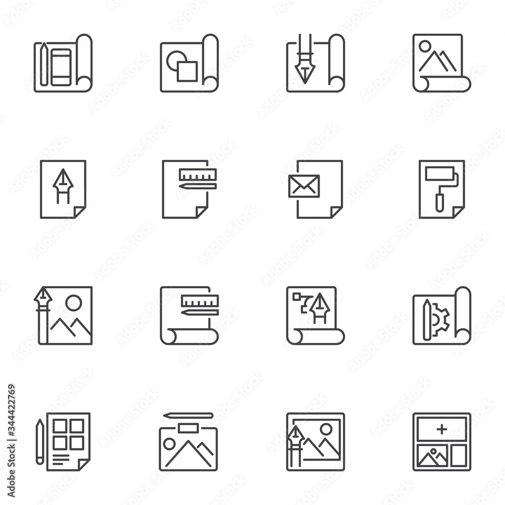 Graphic design line icons set, outline vector symbol collection, linear style pictogram pack. Signs, logo illustration. Set includes icons as creative design tool, art and drawing, planning, branding Graphic design line icons set, outline vector symbol collection, linear style pictogram pack. Signs, logo illustration. Set includes icons as creative design tool, art and drawing, planning, branding