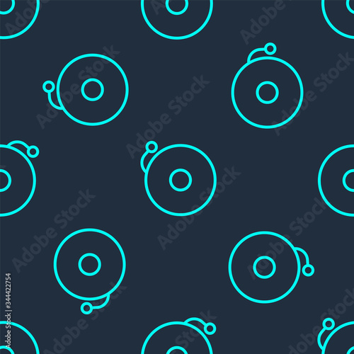 Green line Ringing alarm bell icon isolated seamless pattern on blue background. Alarm symbol, service bell, handbell sign, notification symbol. Vector Illustration