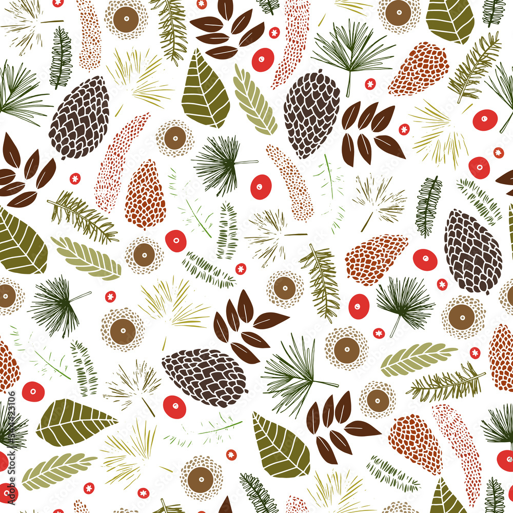 Seamless vector pattern with mushrooms, cones, needles, and berries. Illustration of a forest clearing. Design for paper and fabric Seamless vector pattern with mushrooms, cones, needles, and berries. Illustration of a forest clearing. Design for paper and fabric