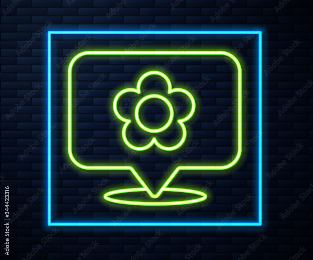 Glowing neon line Location with flower icon isolated on brick wall background. Vector Illustration Glowing neon line Location with flower icon isolated on brick wall background. Vector Illustration