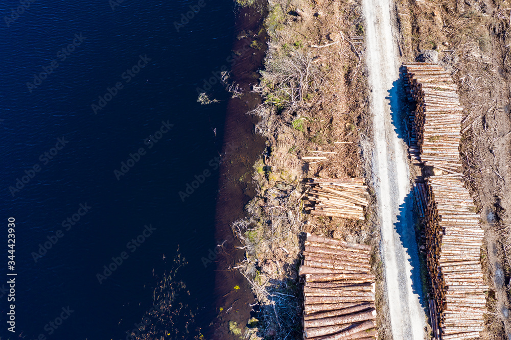 Aerial view of timber stacks at Bonny Glen in County Donegal - Ireland