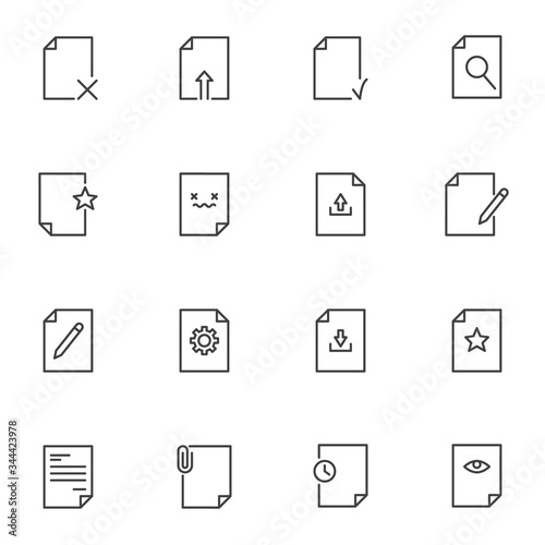 Document line icons set, outline vector symbol collection, linear style pictogram pack. Signs, logo illustration. Set includes icons as download and upload file, archive folder, attach doc, editing