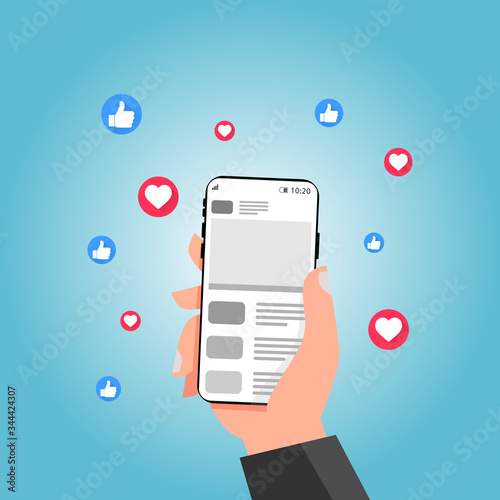 Social media marketing on Mobile phone. Thumb up and Like. Smartphone in Hand. Socila media marketing concept.