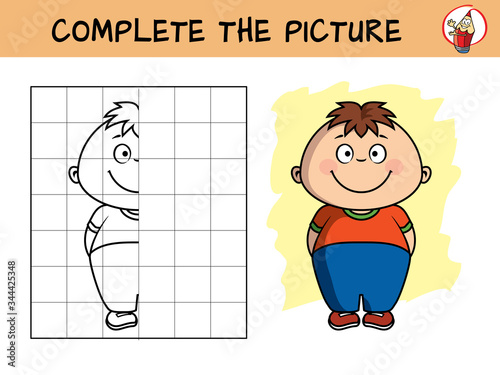 Smiling little boy. Copy the picture. Coloring book. Educational game for children. Cartoon vector illustration