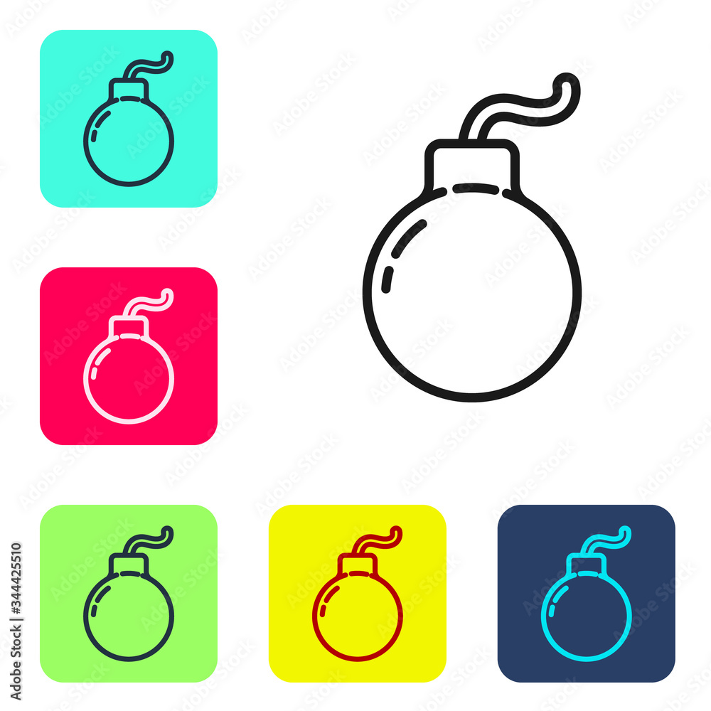Black line Bomb ready to explode icon isolated on white background. Set icons in color square buttons. Vector Illustration Black line Bomb ready to explode icon isolated on white background. Set icons in color square buttons. Vector Illustration