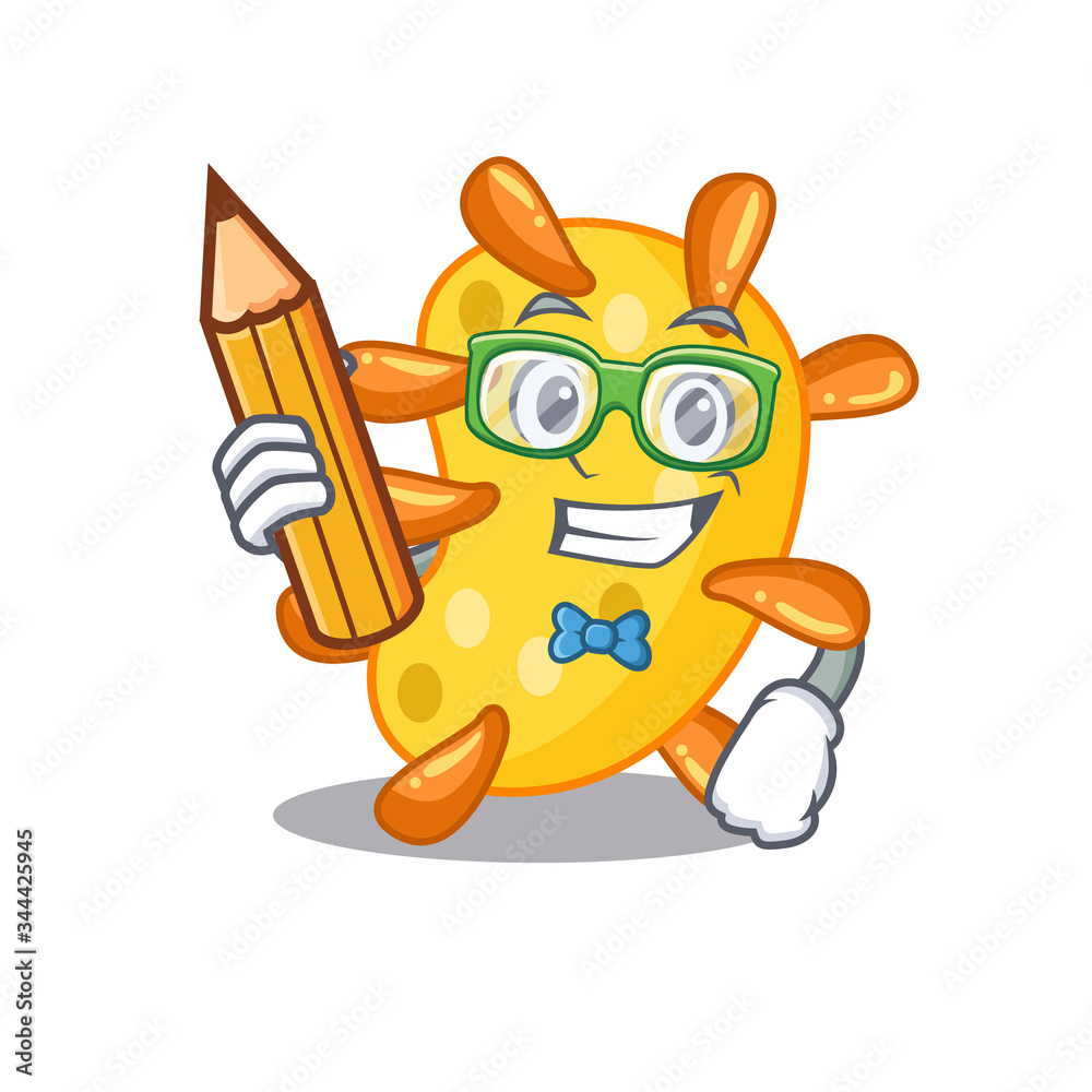 A brainy student vibrio cartoon character with pencil and glasses