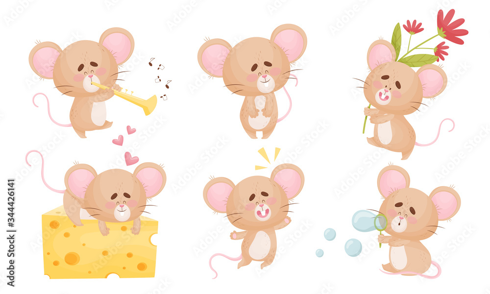 Cartoon Mouse with Big Ears and Long Tail Playing Flute and Blowing Bubbles Vector Set