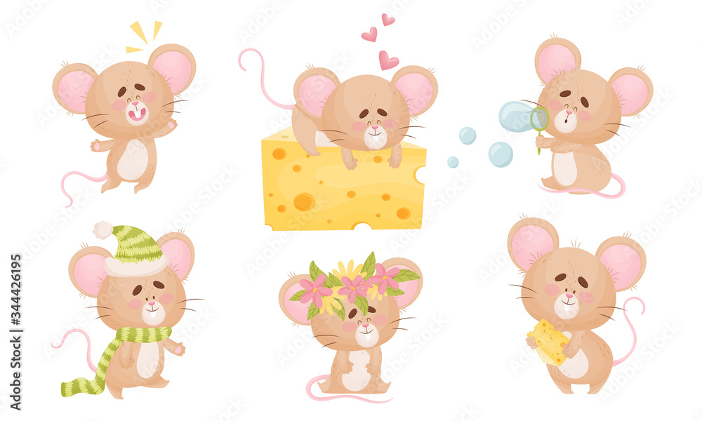 Obraz Cartoon Mouse with Big Ears and Long Tail Sleeping on Cheese Slab and Blowing Bubbles Vector Set