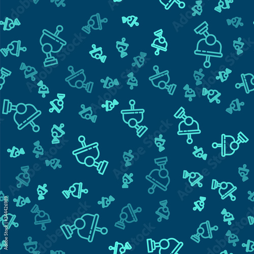 Green line Radar icon isolated seamless pattern on blue background. Search system. Satellite sign. Vector Illustration