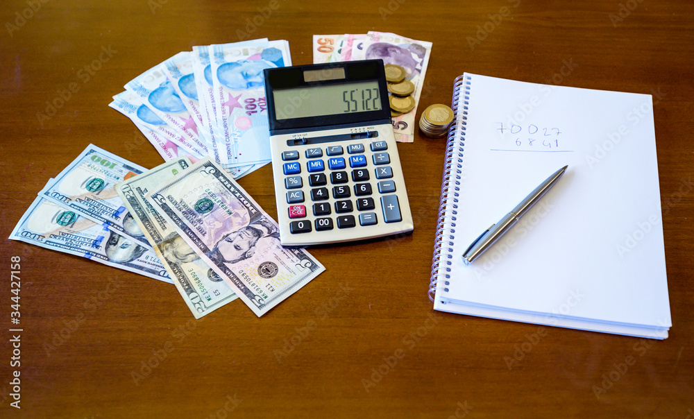 calculator, coins and paper banknotes. calculator, coins and paper banknotes.