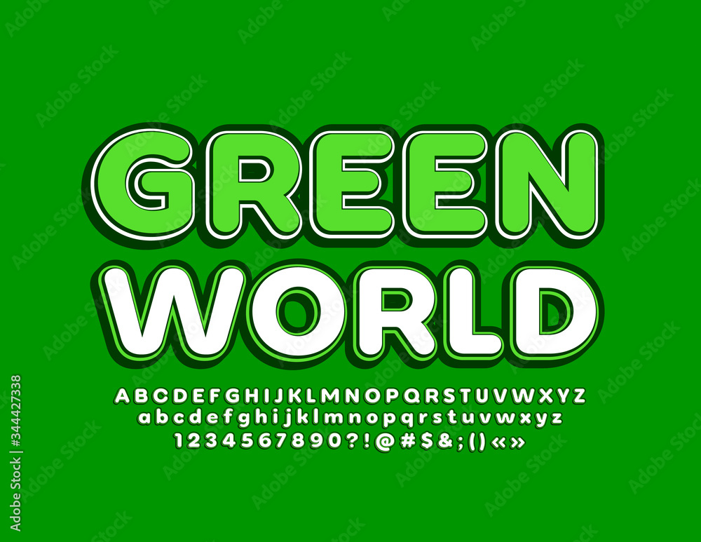 Vector trendy poster Green world with creative Font. Modern Alphabet Letters and Numbers Vector trendy poster Green world with creative Font. Modern Alphabet Letters and Numbers