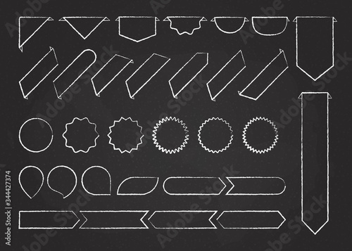 Chalk outline ribbon labels vector collection illustration. Chalk style white curved shape ribbons, tags, bookmarks or curled labels with blank space for message, isolated on blackboard