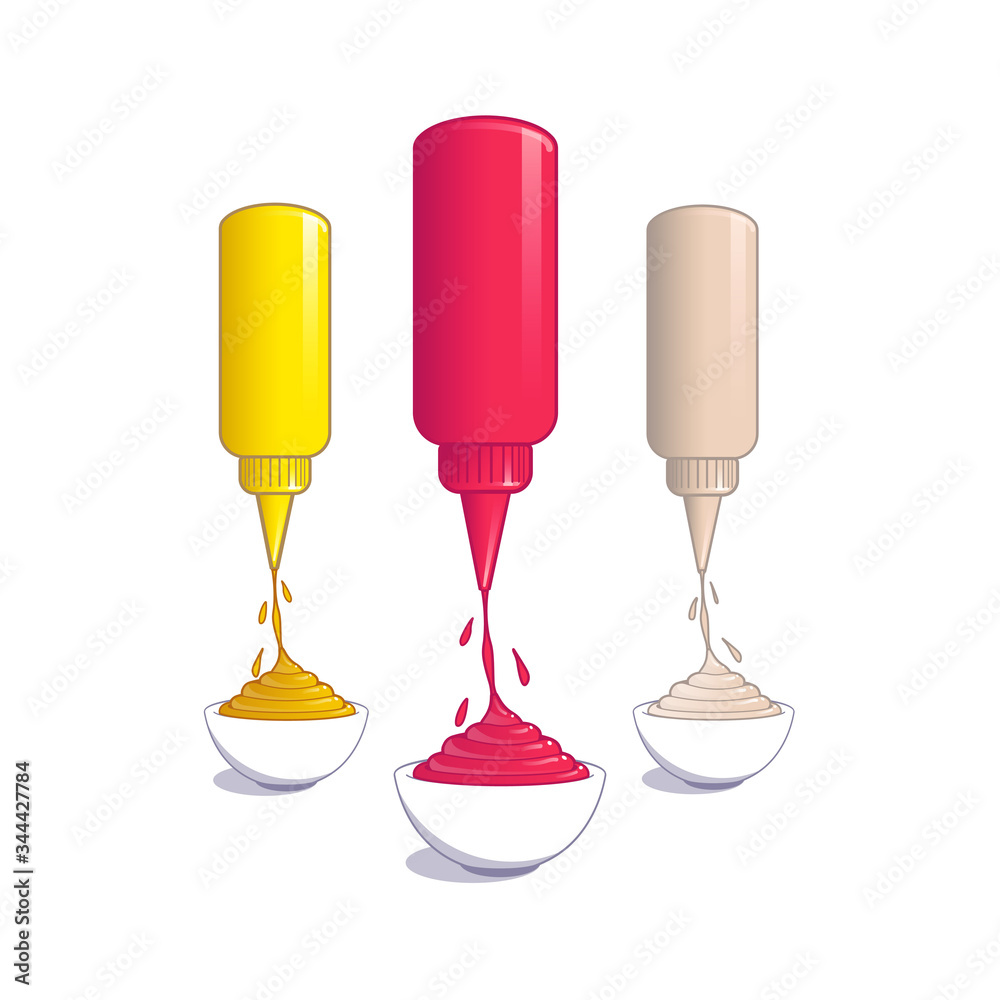Ketchup, mustard and mayonnaise dripping from bottle into bowl. Vector illustration in cartoon style. Ketchup, mustard and mayonnaise dripping from bottle into bowl. Vector illustration in cartoon style.