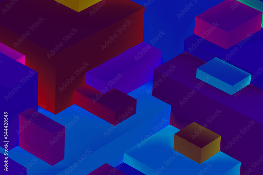 Abstract geometric cubic colorful  in neon lights background. isometric 3d render. - obrazy, fototapety, plakaty 