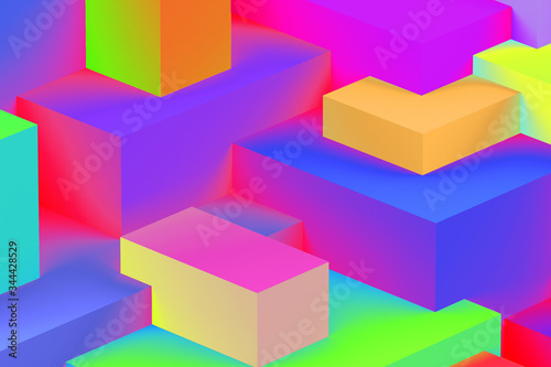 Abstract geometric cubic holographic colorful in neon lights background. isometric 3d render.