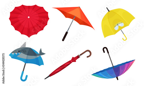 Open Shaped Bright Umbrellas for Rainy Weather Protection Vector Set