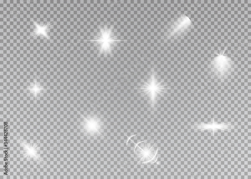 Glowing lights effect, flare, explosion and stars. Special effect isolated on transparent background
