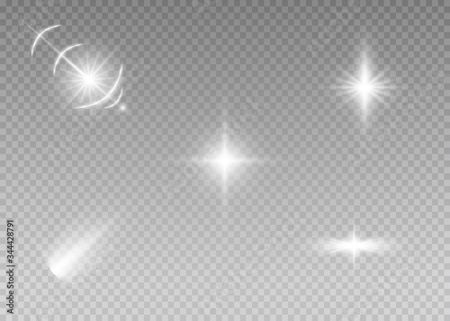 Glowing lights effect, flare, explosion and stars. Special effect isolated on transparent background