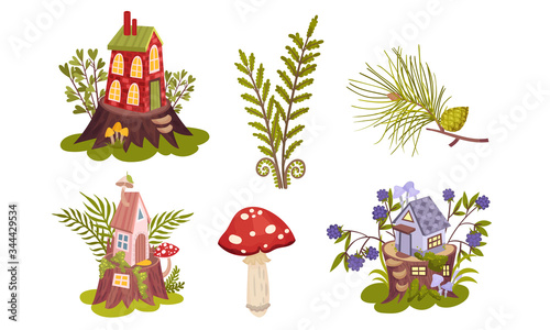 Little Forest Fairy Houses and Botany with Mushroom and Branches Vector Set