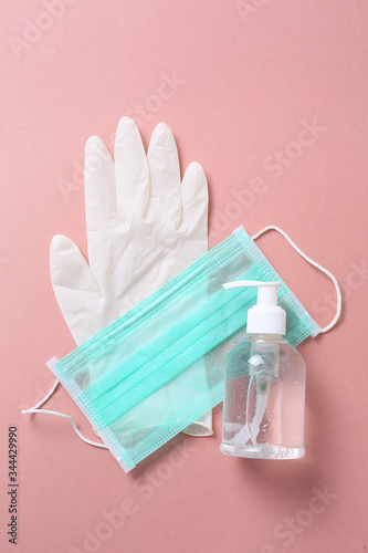 Wallpaper Mural coronavirus concept,,Coronavirus prevention set, hand sanitizer gel, protective mask, gloves and thermometer Torontodigital.ca