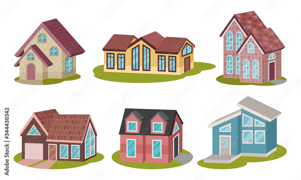 Private Houses and Cottages on Green Lawn Isolated on White Background Vector Set