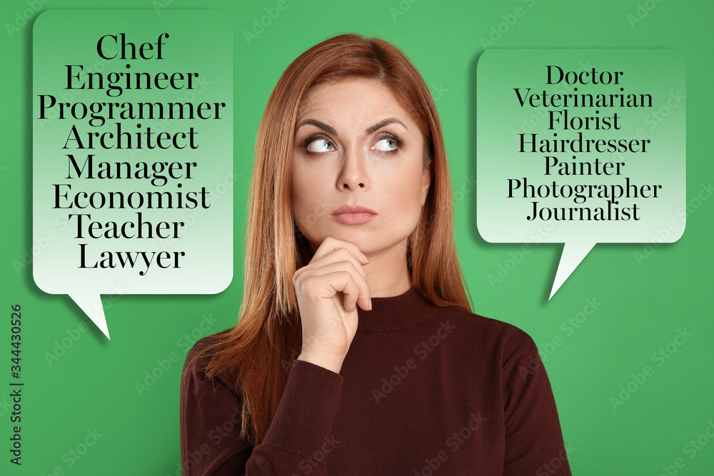 Thoughtful woman choosing profession on green background Thoughtful woman choosing profession on green background
