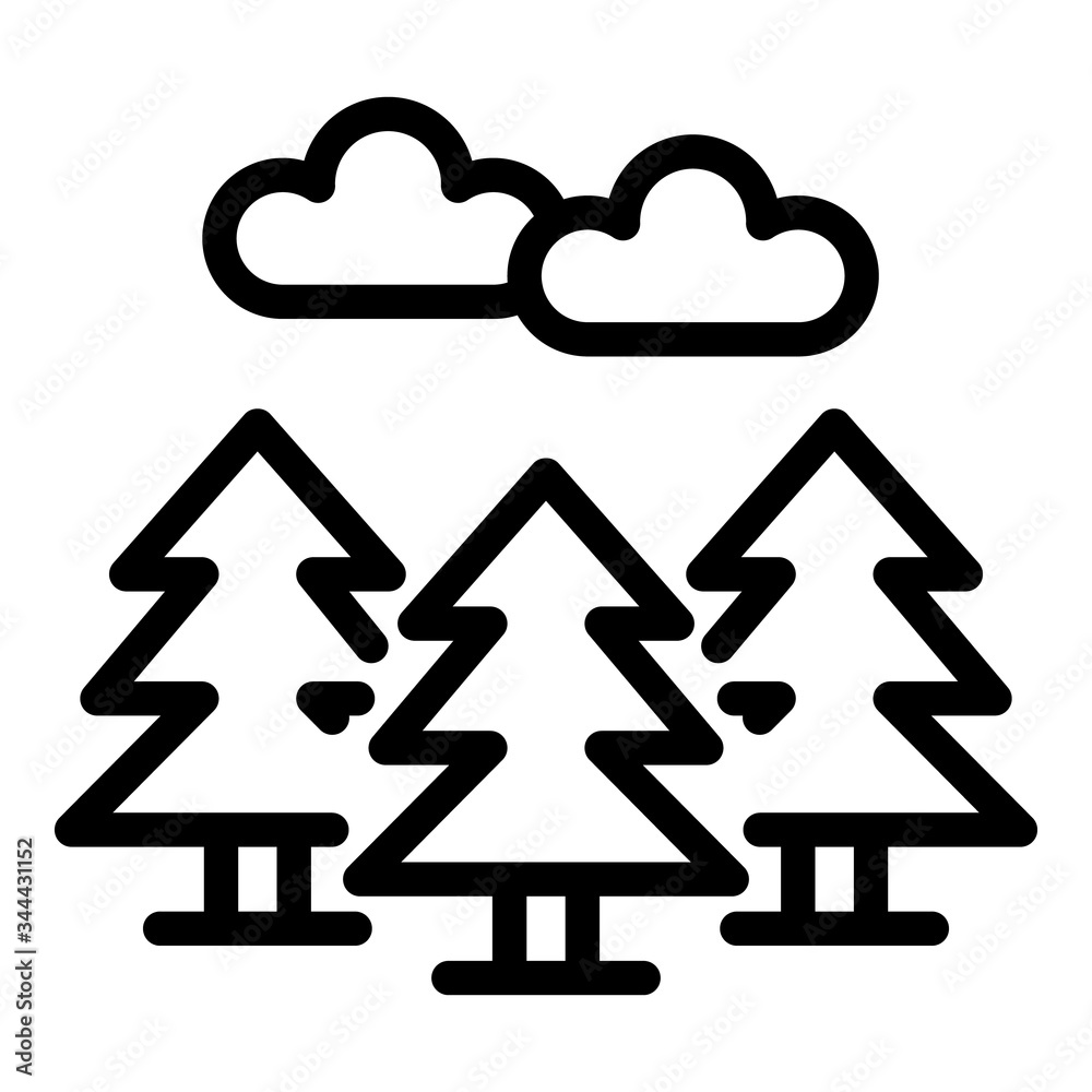 Clouds and spruce trees icon. Outline clouds and spruce vector icon for web design isolated on white background Clouds and spruce trees icon. Outline clouds and spruce vector icon for web design isolated on white background