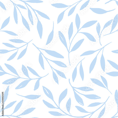 Vector Blue Hand painted Sketchy Leaves Seamless Pattern